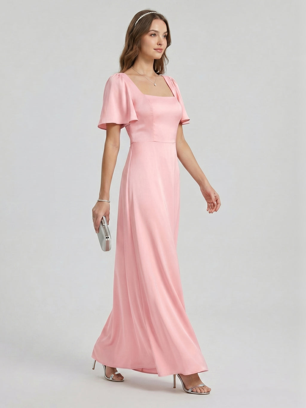 Modest Petal Matte Satin A-Line Square Neck Backless Ankle-Length Bridesmaid Dress