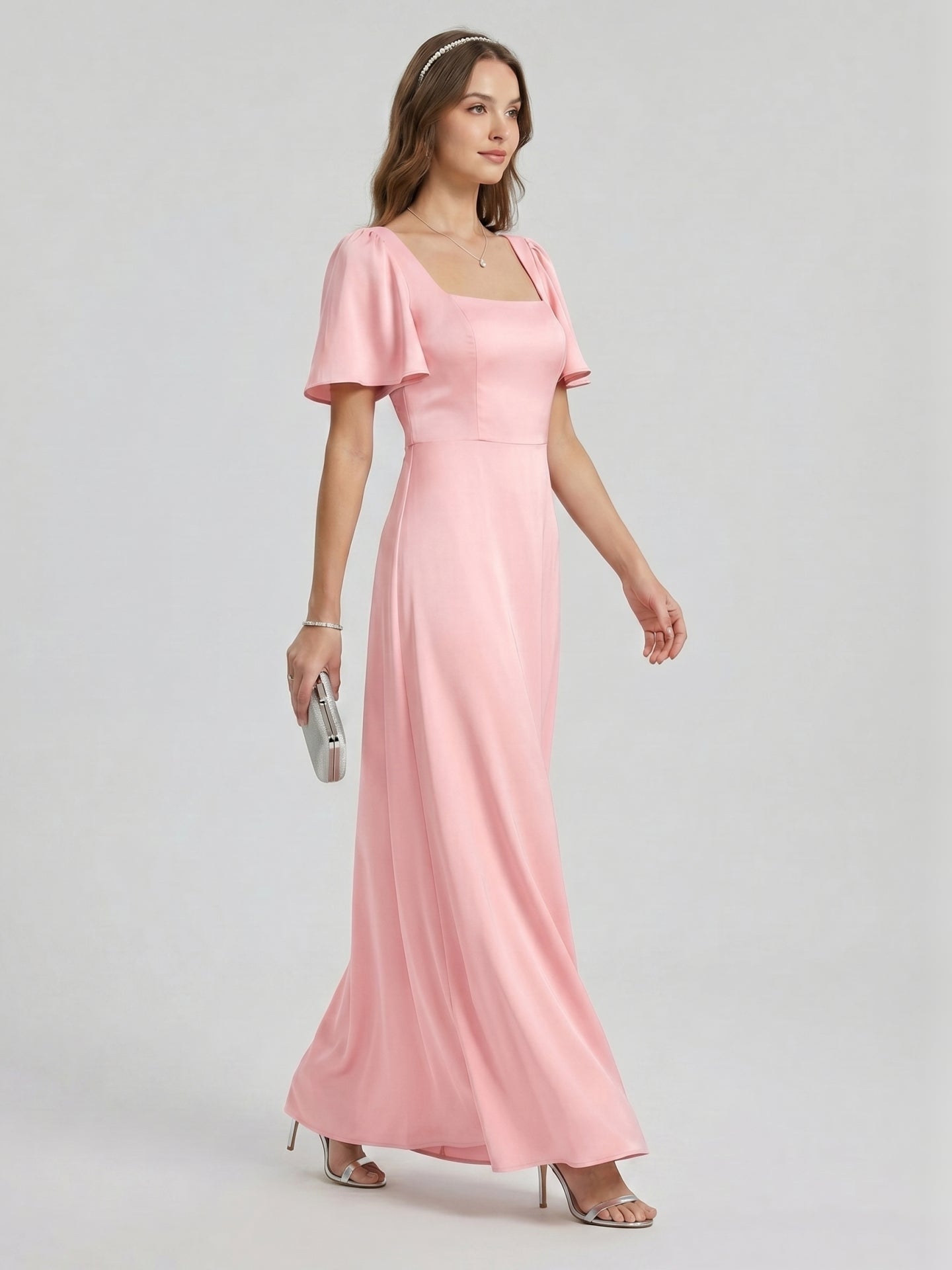Modest Petal Matte Satin A-Line Square Neck Backless Ankle-Length Bridesmaid Dress