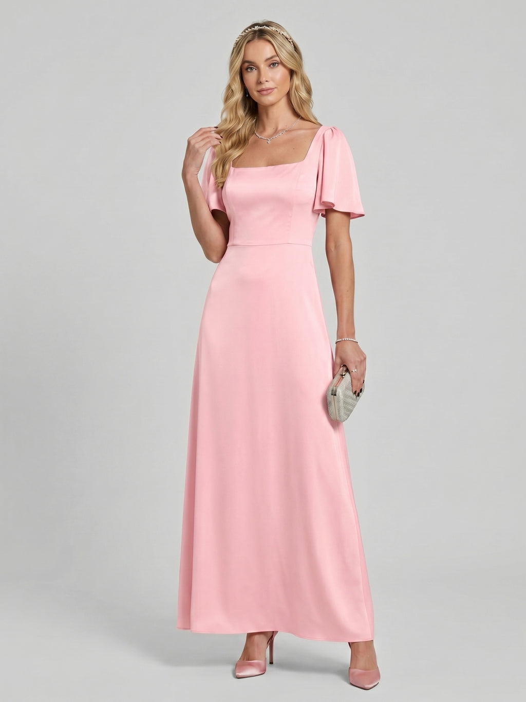 Modest Petal Matte Satin A-Line Square Neck Backless Ankle-Length Bridesmaid Dress