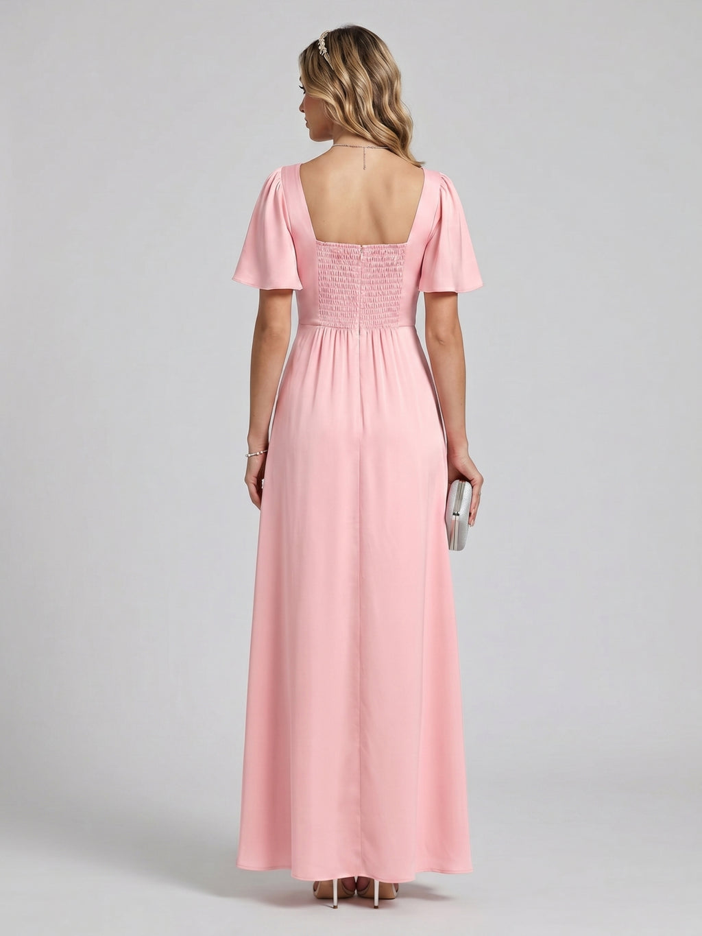 Modest Petal Matte Satin A-Line Square Neck Backless Ankle-Length Bridesmaid Dress