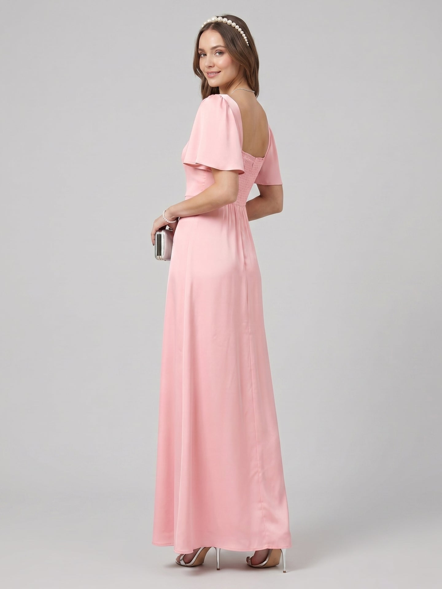 Modest Petal Matte Satin A-Line Square Neck Backless Ankle-Length Bridesmaid Dress
