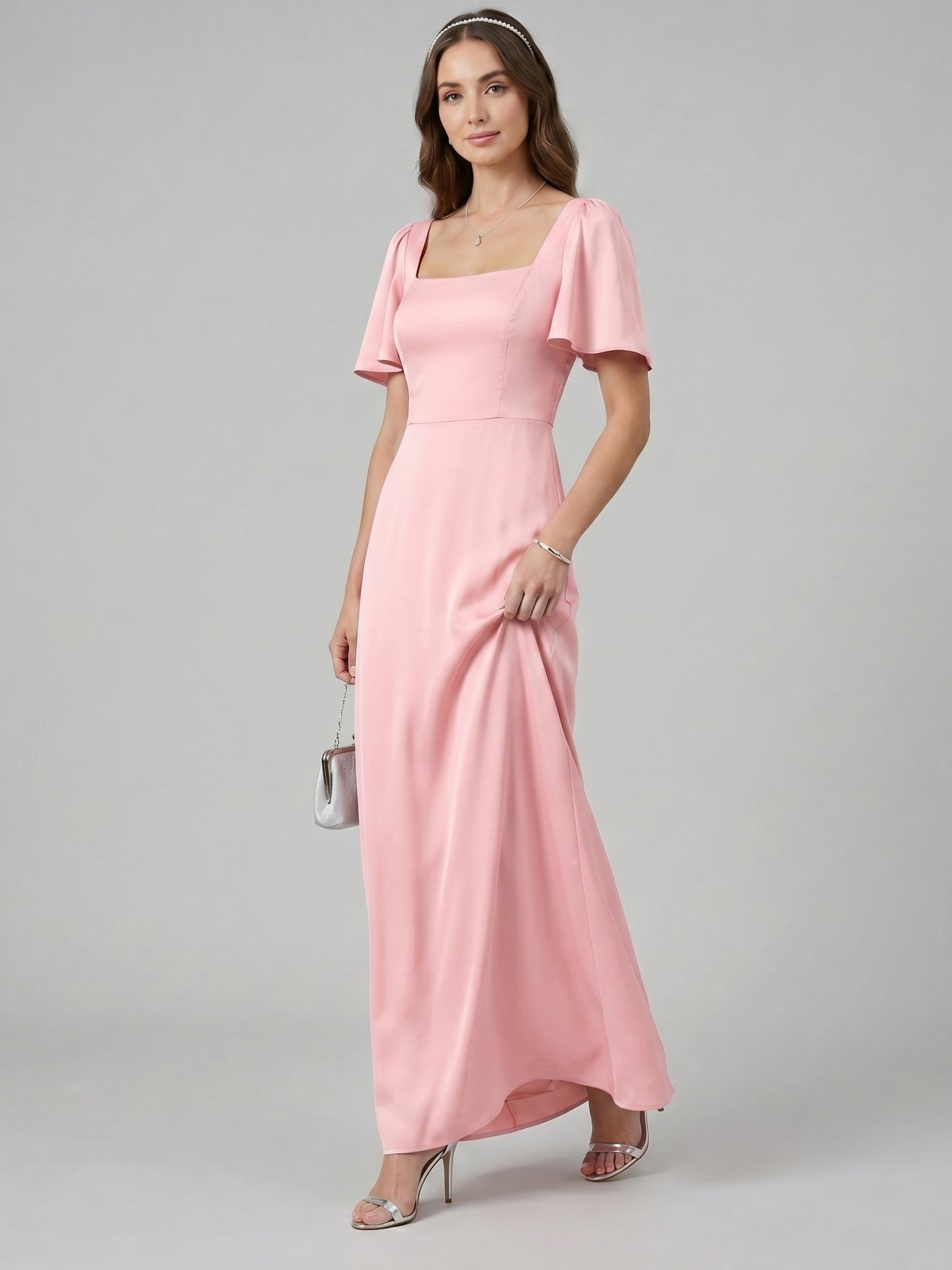 Modest Petal Matte Satin A-Line Square Neck Backless Ankle-Length Bridesmaid Dress