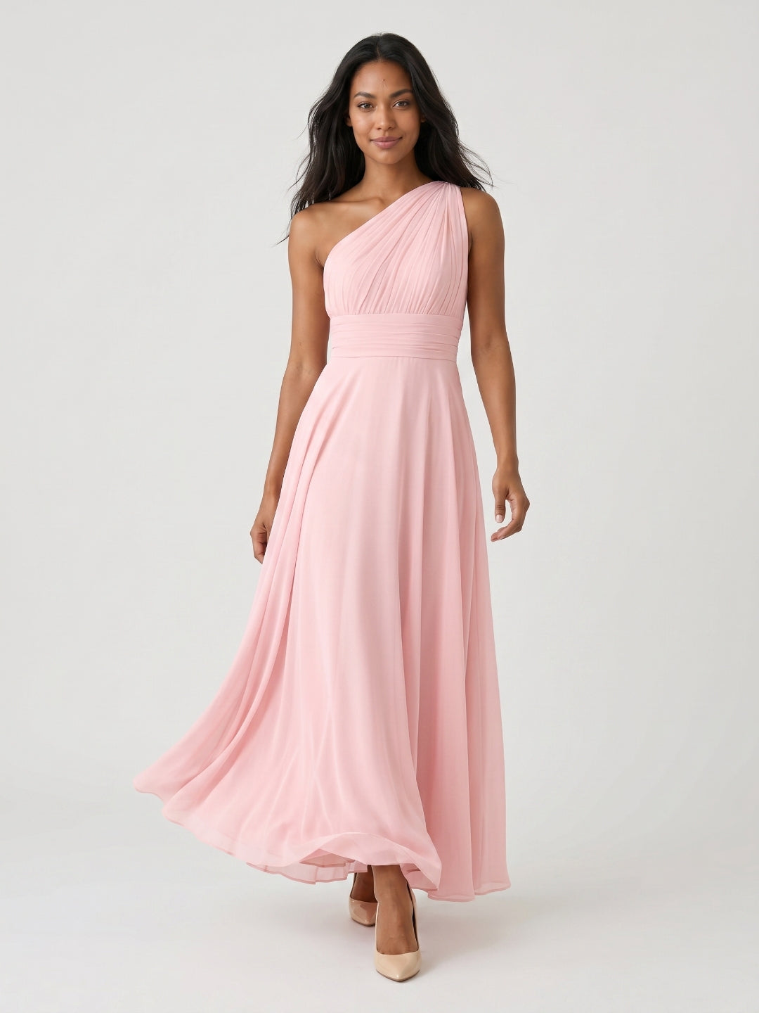 Petal Chiffon A-Line One Shoulder Back Zip Floor-Length Bridesmaid Dress with Pleating