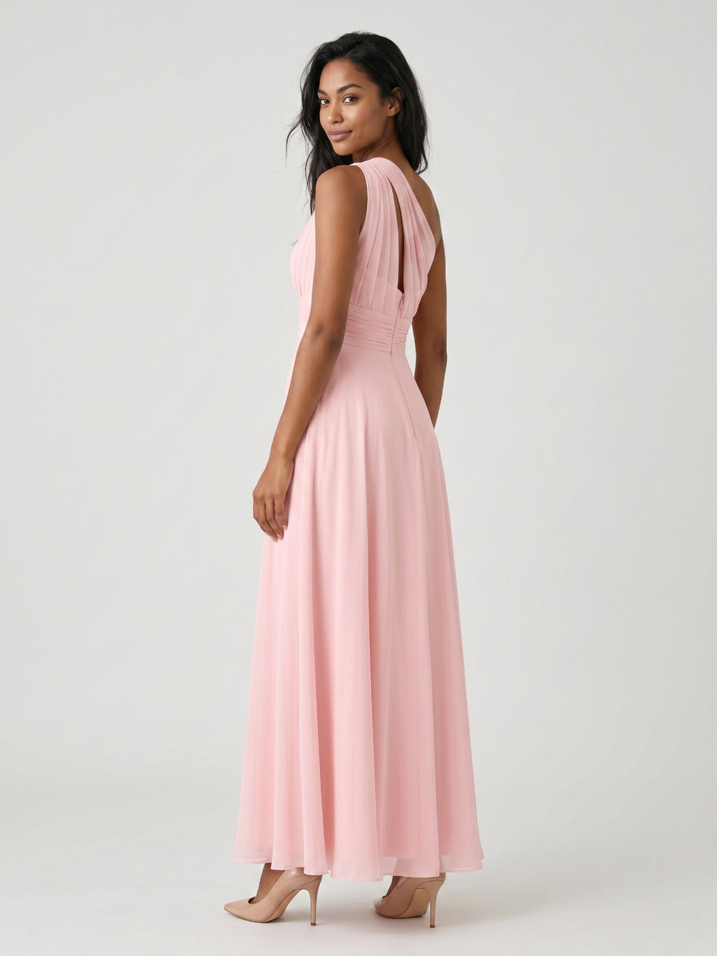 Petal Chiffon A-Line One Shoulder Back Zip Floor-Length Bridesmaid Dress with Pleating
