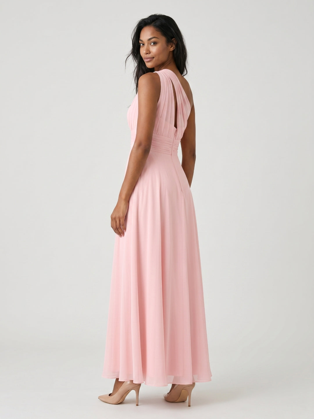 Petal Chiffon A-Line One Shoulder Back Zip Floor-Length Bridesmaid Dress with Pleating
