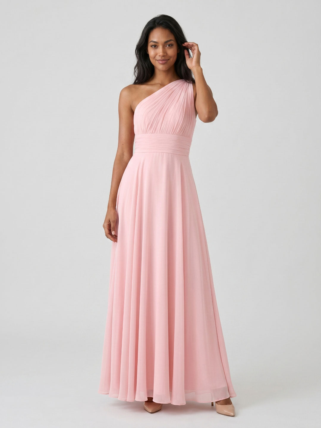 Petal Chiffon A-Line One Shoulder Back Zip Floor-Length Bridesmaid Dress with Pleating
