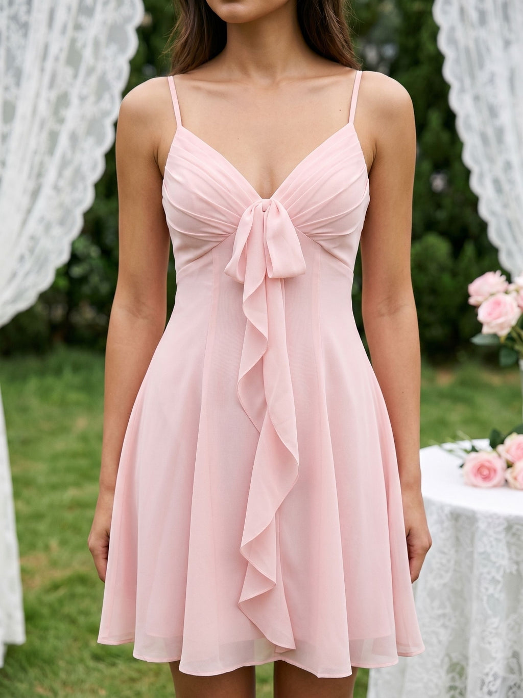 Petal Chiffon A-Line V-Neck Short Birthday Dress with Pleating