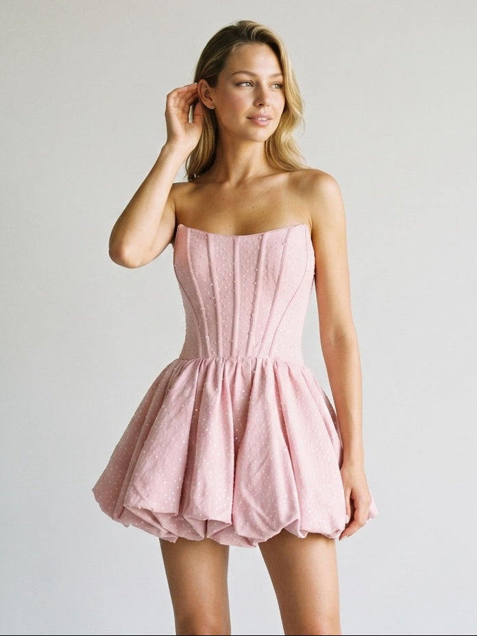 Petal Matte Satin A-Line Straight Neck Back Zip Short Dress with Pleating