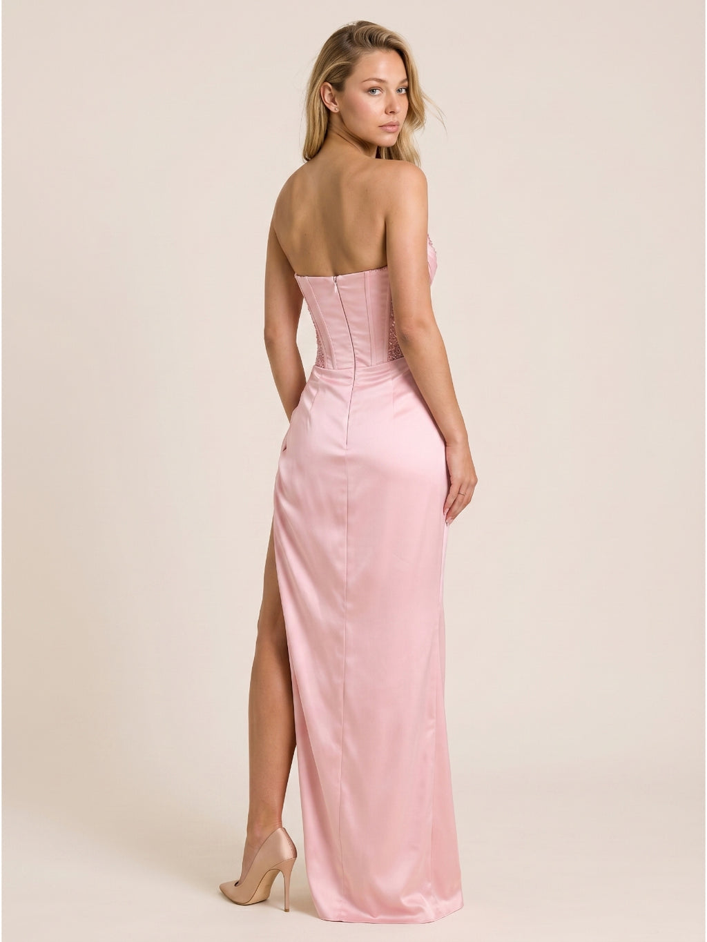 Petal Matte Satin Sheath Off-the-Shoulder Backless Floor-Length  Prom Dress with Pleats