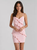 Petal Matte Satin Sheath V-Neck Short Dress with Ruffles