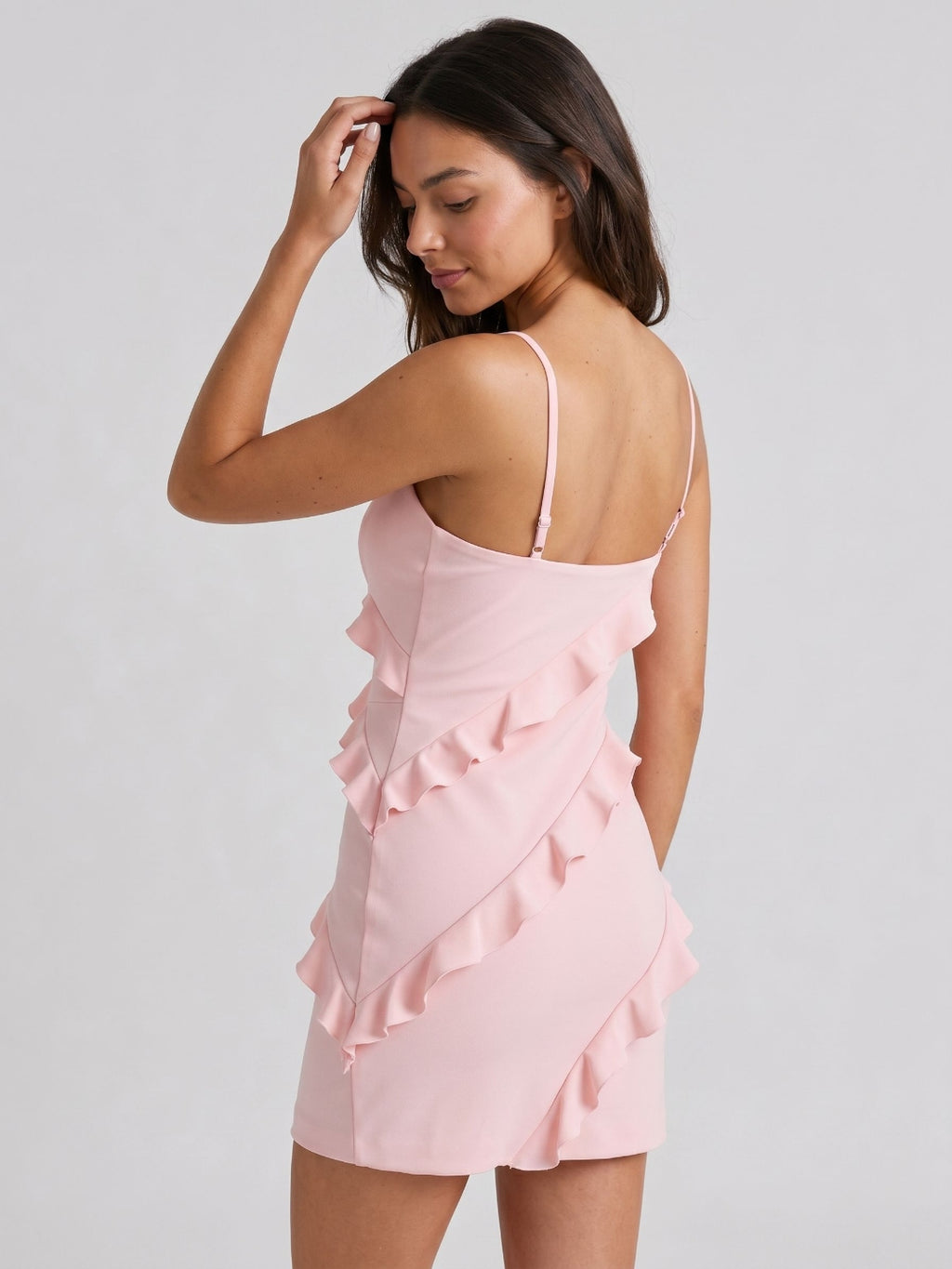 Petal Matte Satin Sheath V-Neck Short Dress with Ruffles