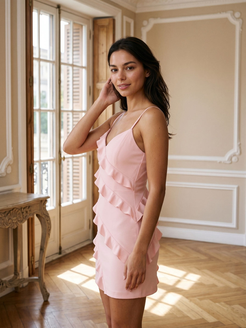 Petal Matte Satin Sheath V-Neck Short Dress with Ruffles