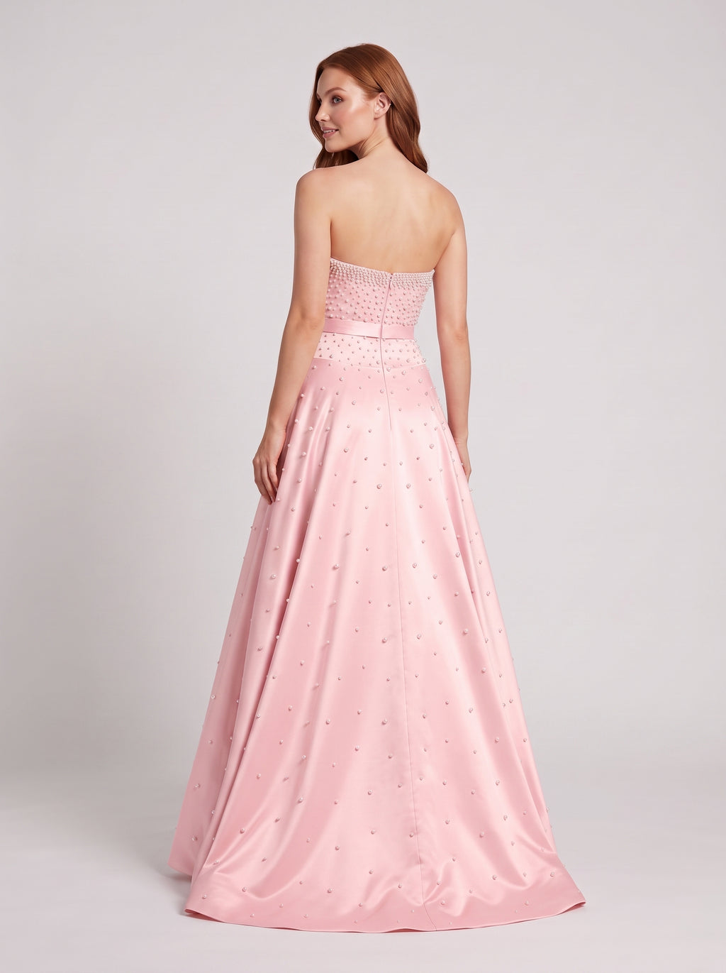 Petal Satin A-Line Straight Neck Back Zip Floor-Length Dress with Drop Waist and Pearls