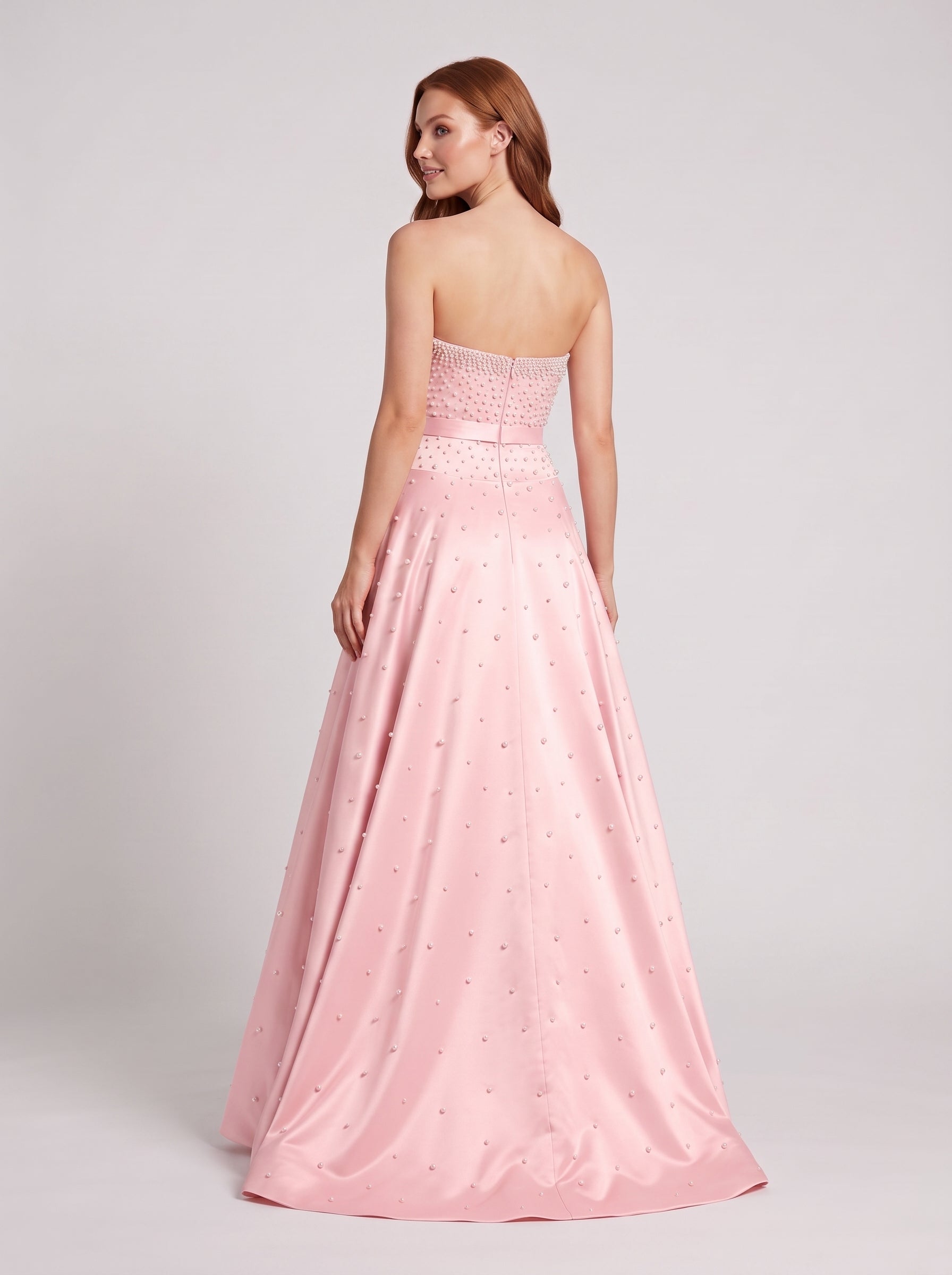 Petal Satin A-Line Straight Neck Back Zip Floor-Length Dress with Drop Waist and Pearls