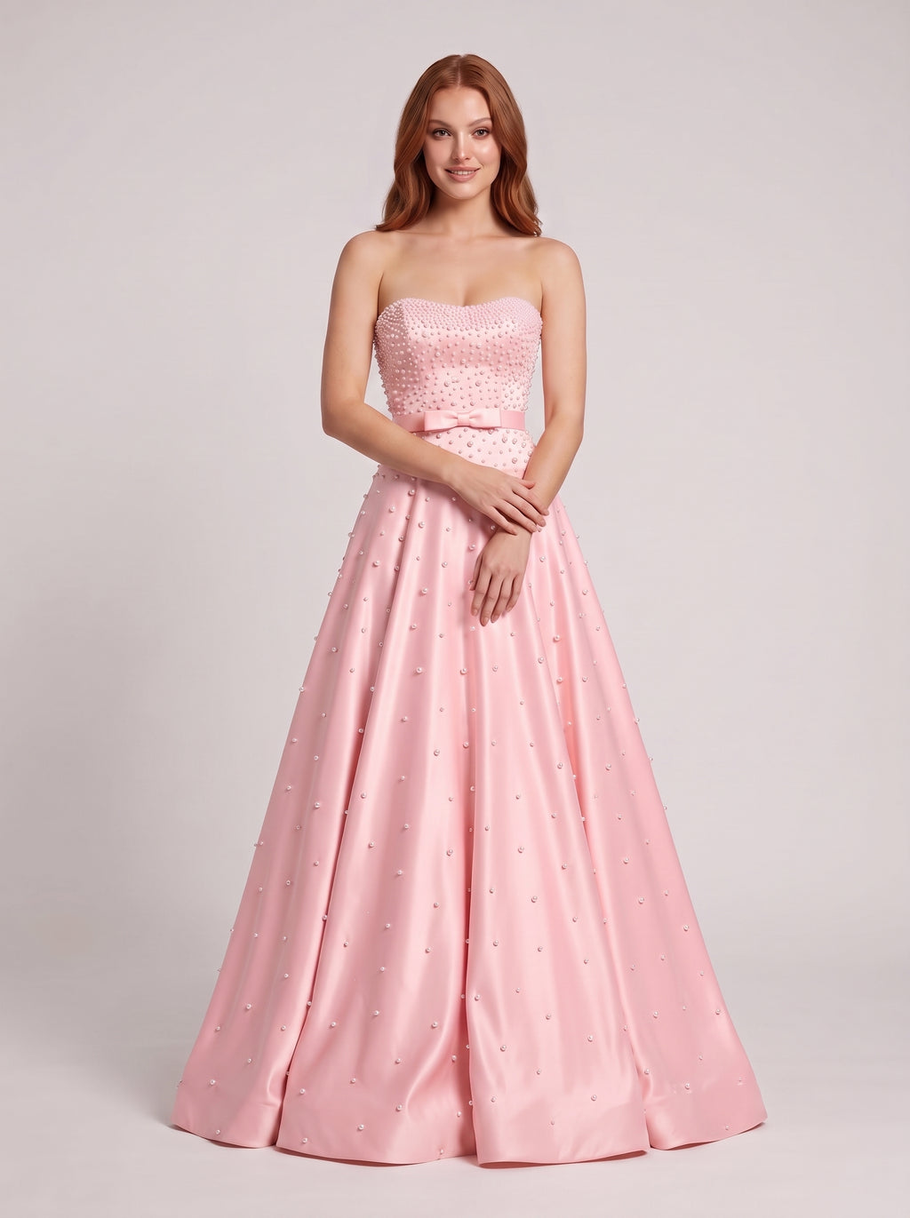 Petal Satin A-Line Straight Neck Back Zip Floor-Length Dress with Drop Waist and Pearls
