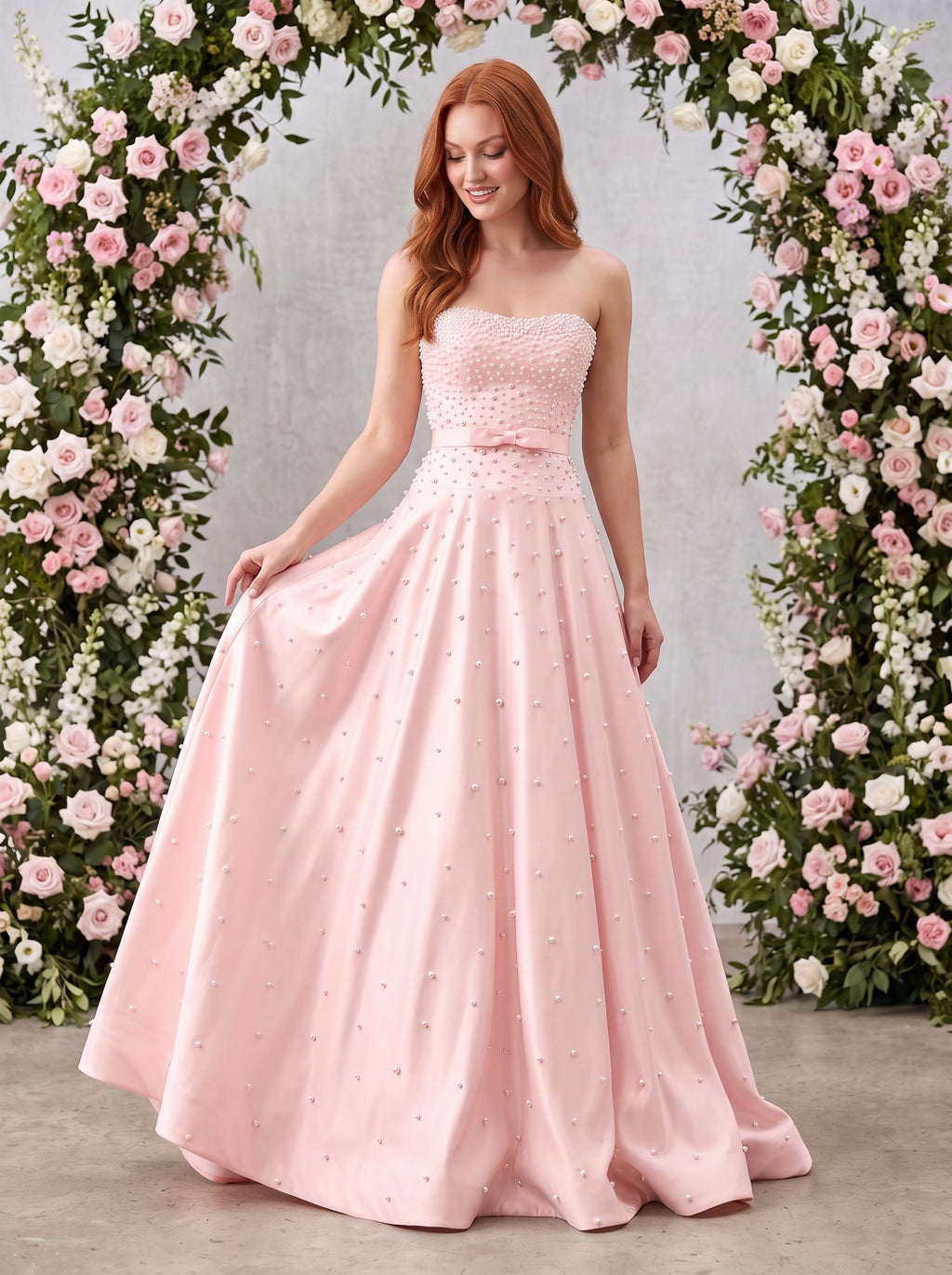 Petal Satin A-Line Straight Neck Back Zip Floor-Length Dress with Drop Waist and Pearls