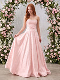 Petal Satin A-Line Straight Neck Back Zip Floor-Length Dress with Drop Waist and Pearls