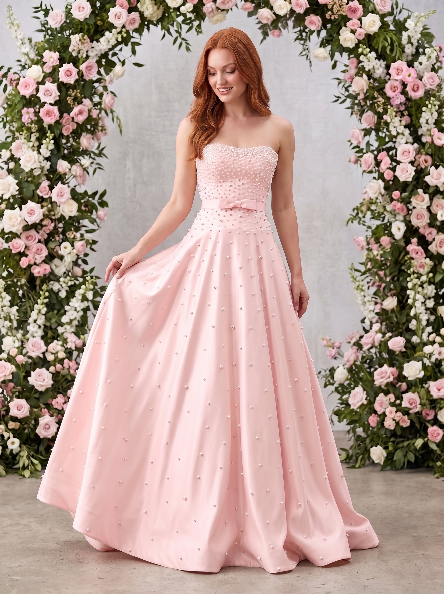 Petal Satin A-Line Straight Neck Back Zip Floor-Length Dress with Drop Waist and Pearls