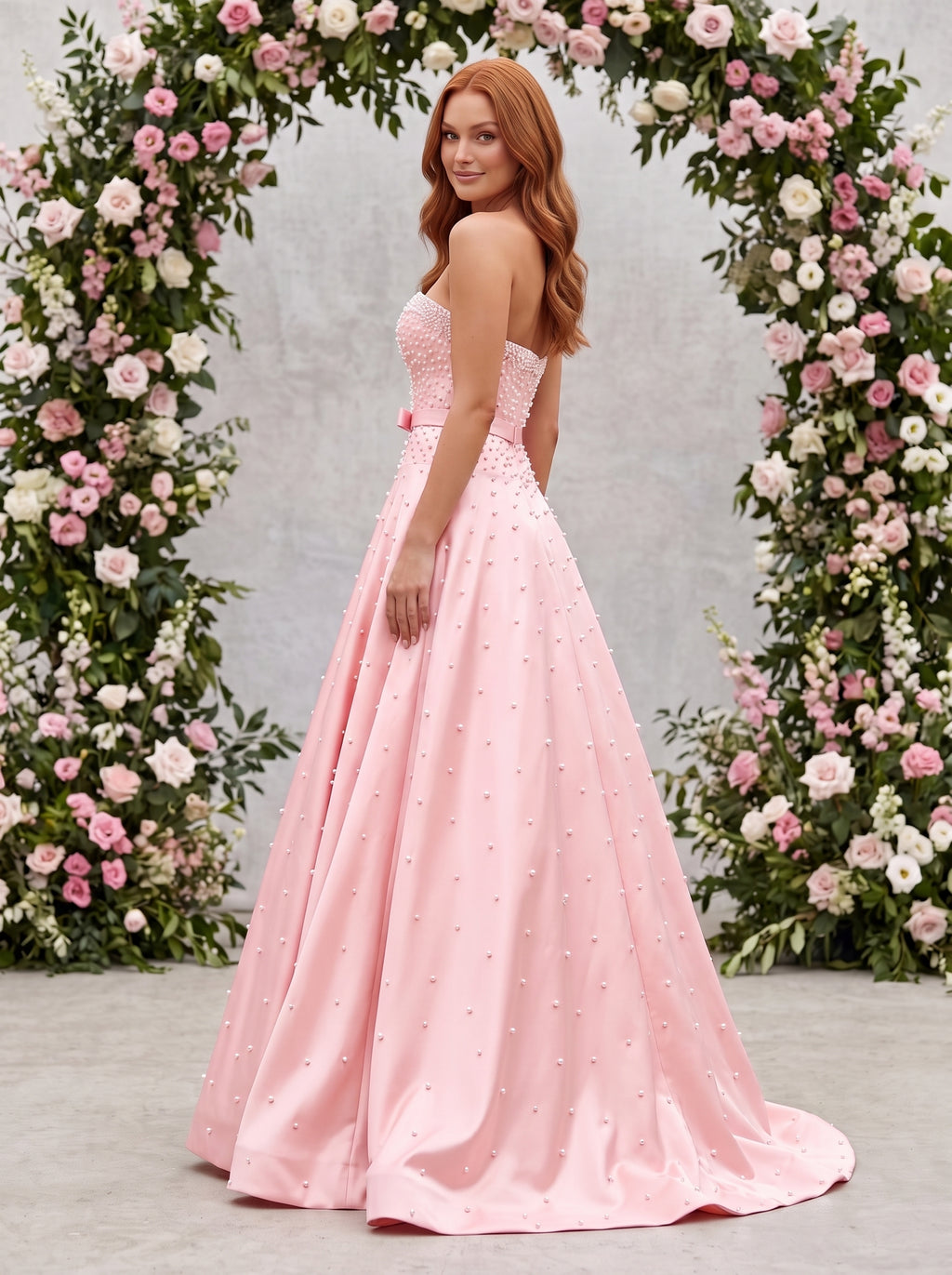 Petal Satin A-Line Straight Neck Back Zip Floor-Length Dress with Drop Waist and Pearls
