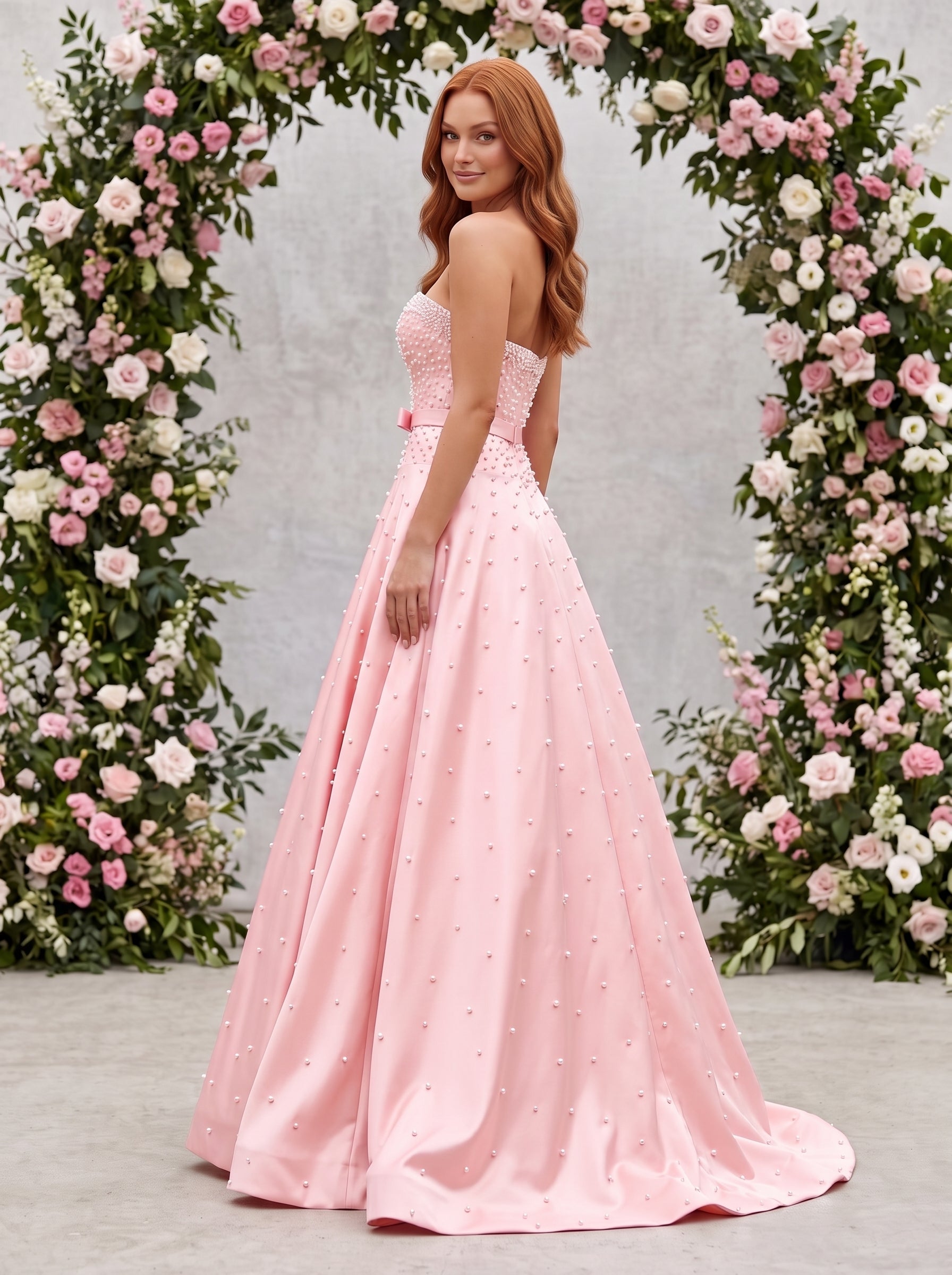 Petal Satin A-Line Straight Neck Back Zip Floor-Length Dress with Drop Waist and Pearls