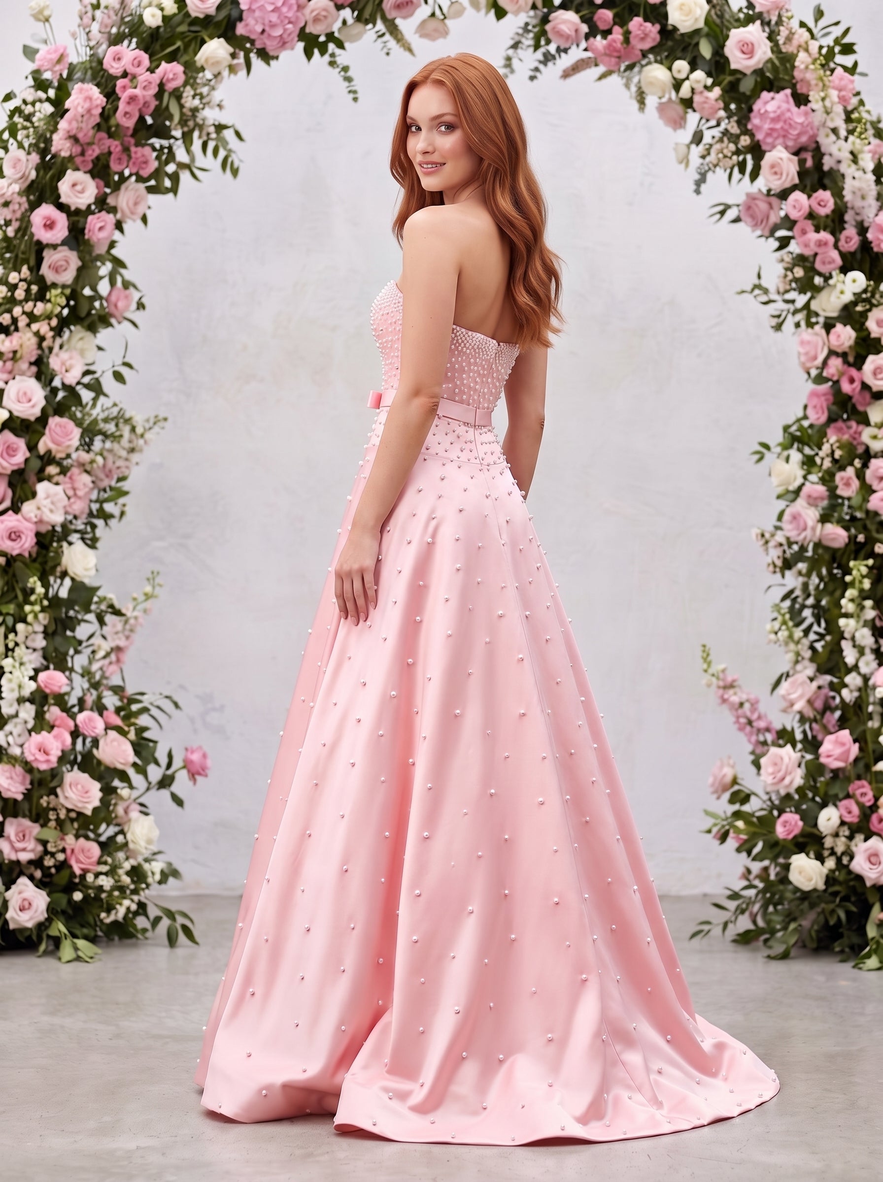 Petal Satin A-Line Straight Neck Back Zip Floor-Length Dress with Drop Waist and Pearls