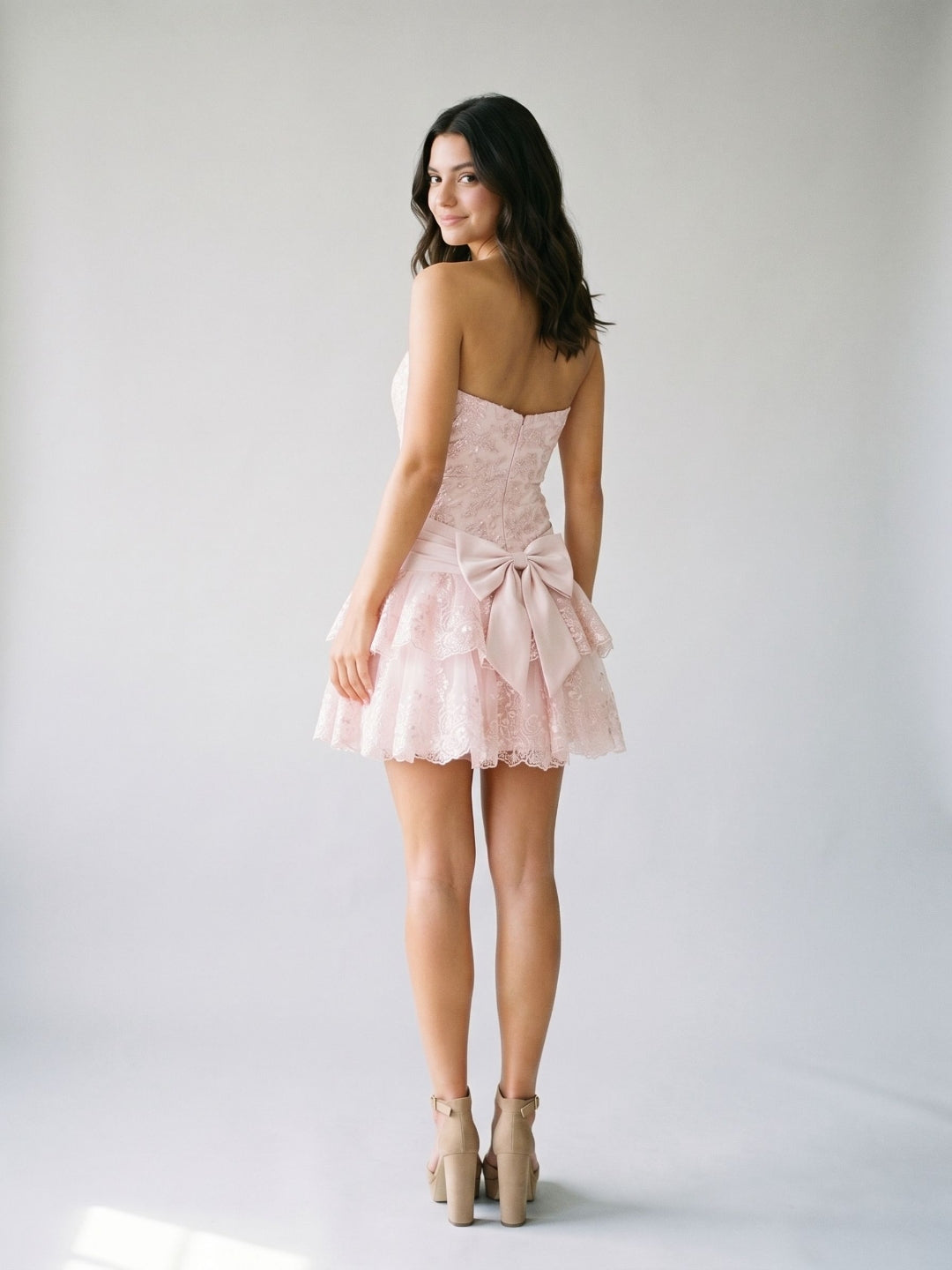 Petal Satin A-Line Straight Neck Back Zip Short Homecoming Dress with Cascading Ruffles