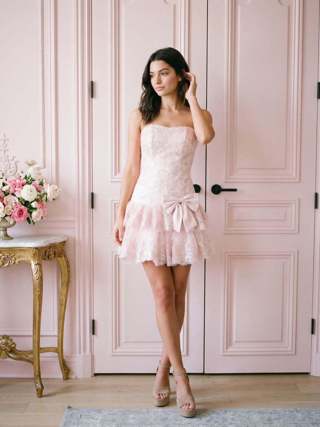 Petal Satin A-Line Straight Neck Back Zip Short Homecoming Dress with Cascading Ruffles