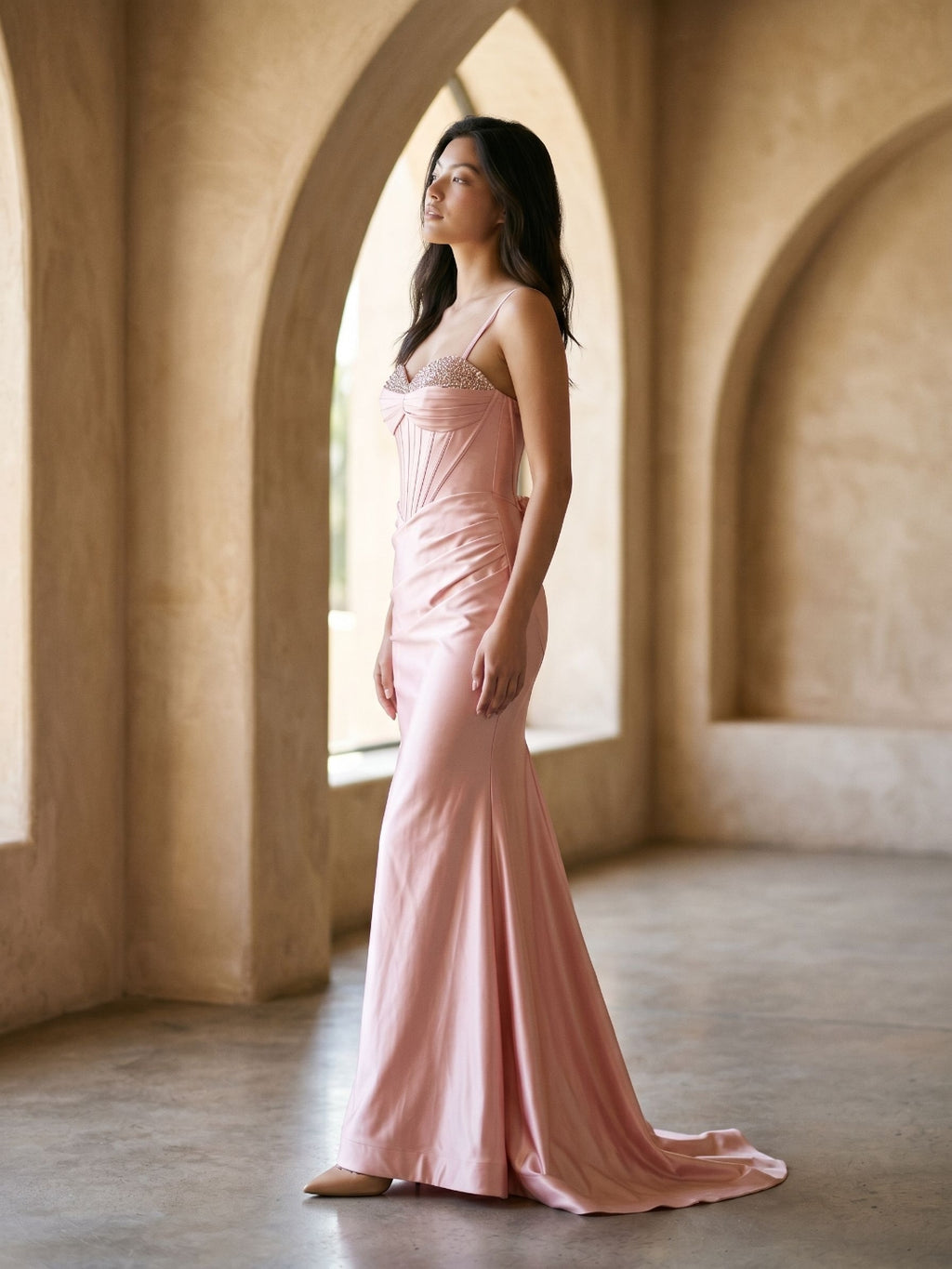 Petal Satin Mermaid Sweetheart Criss-Cross Floor-Length Dress with Bow
