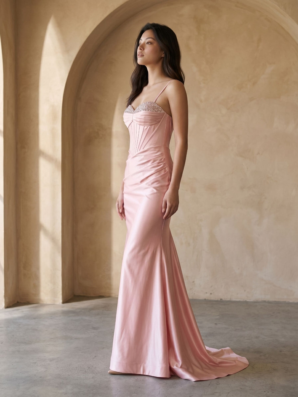 Petal Satin Mermaid Sweetheart Criss-Cross Floor-Length Dress with Bow