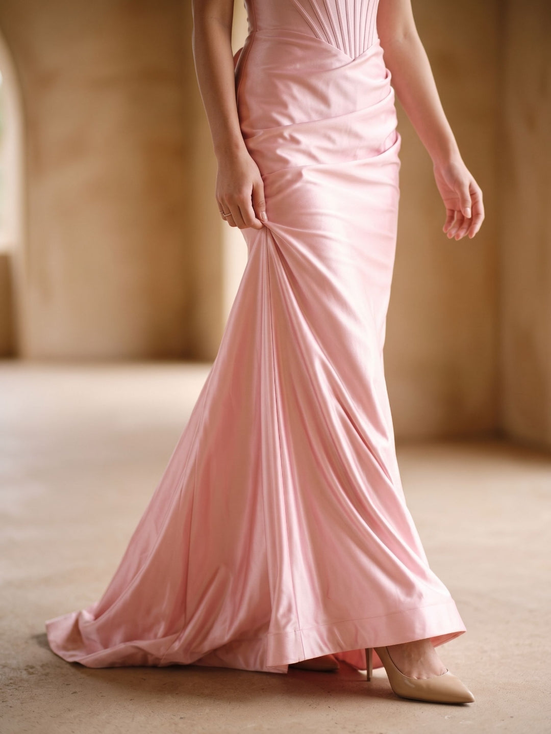 Petal Satin Mermaid Sweetheart Criss-Cross Floor-Length Dress with Bow