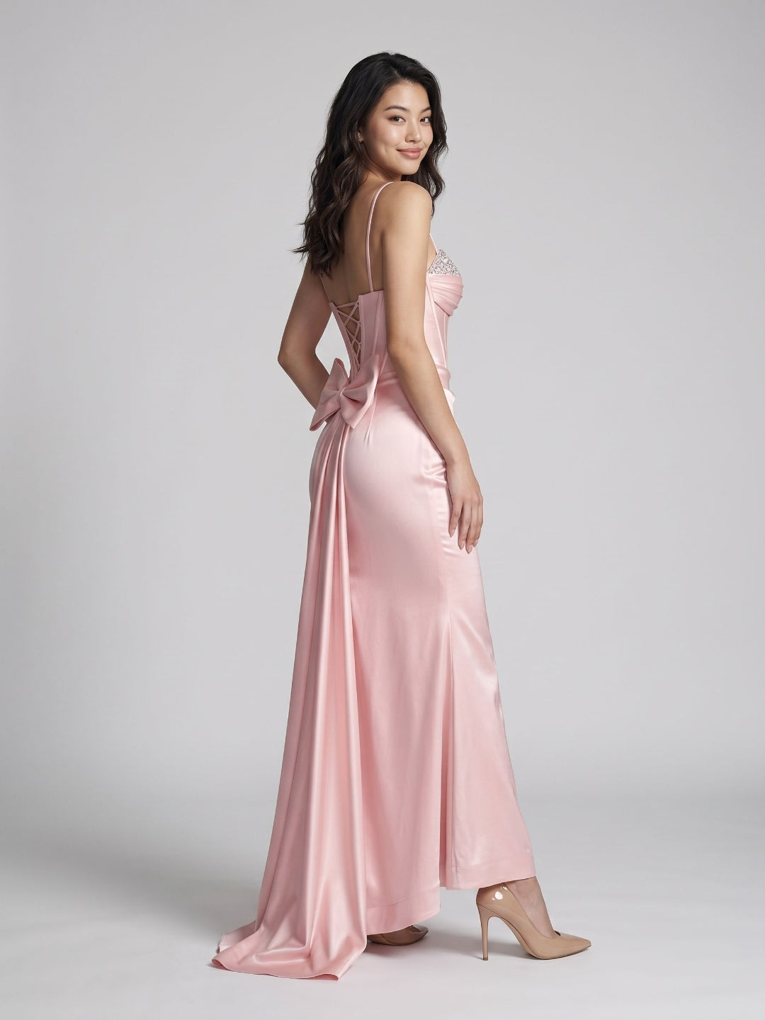Petal Satin Mermaid Sweetheart Criss-Cross Floor-Length Dress with Bow
