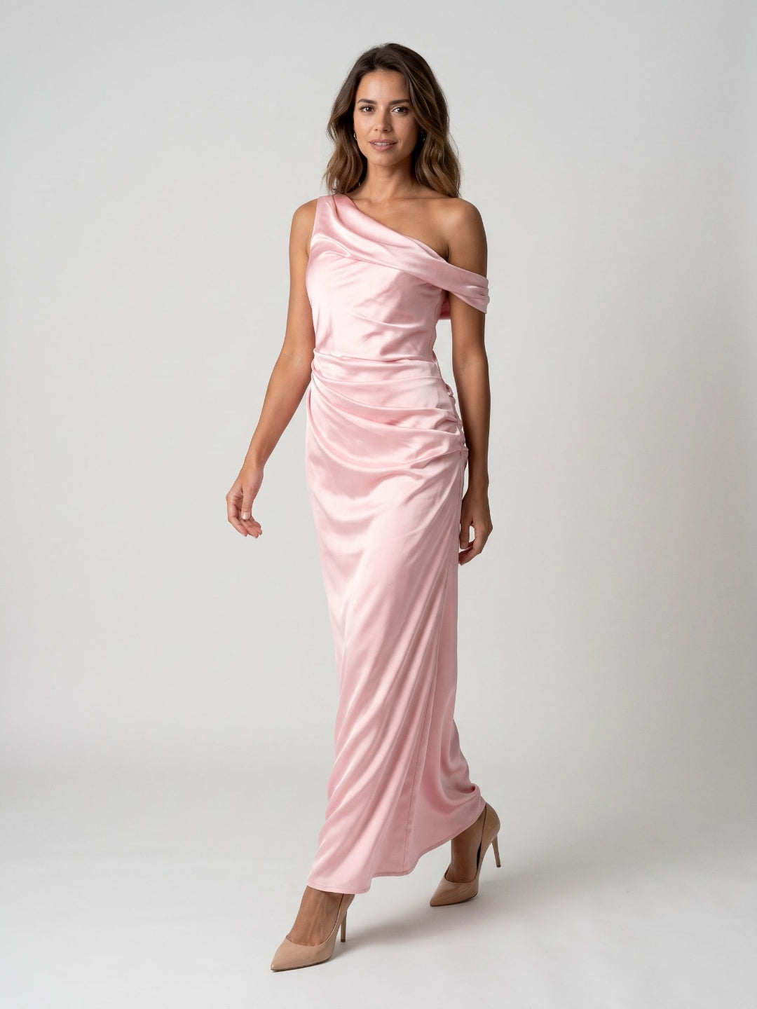 Petal Satin Sheath One Shoulder Backless Floor-Length Formal Dress with Pleating