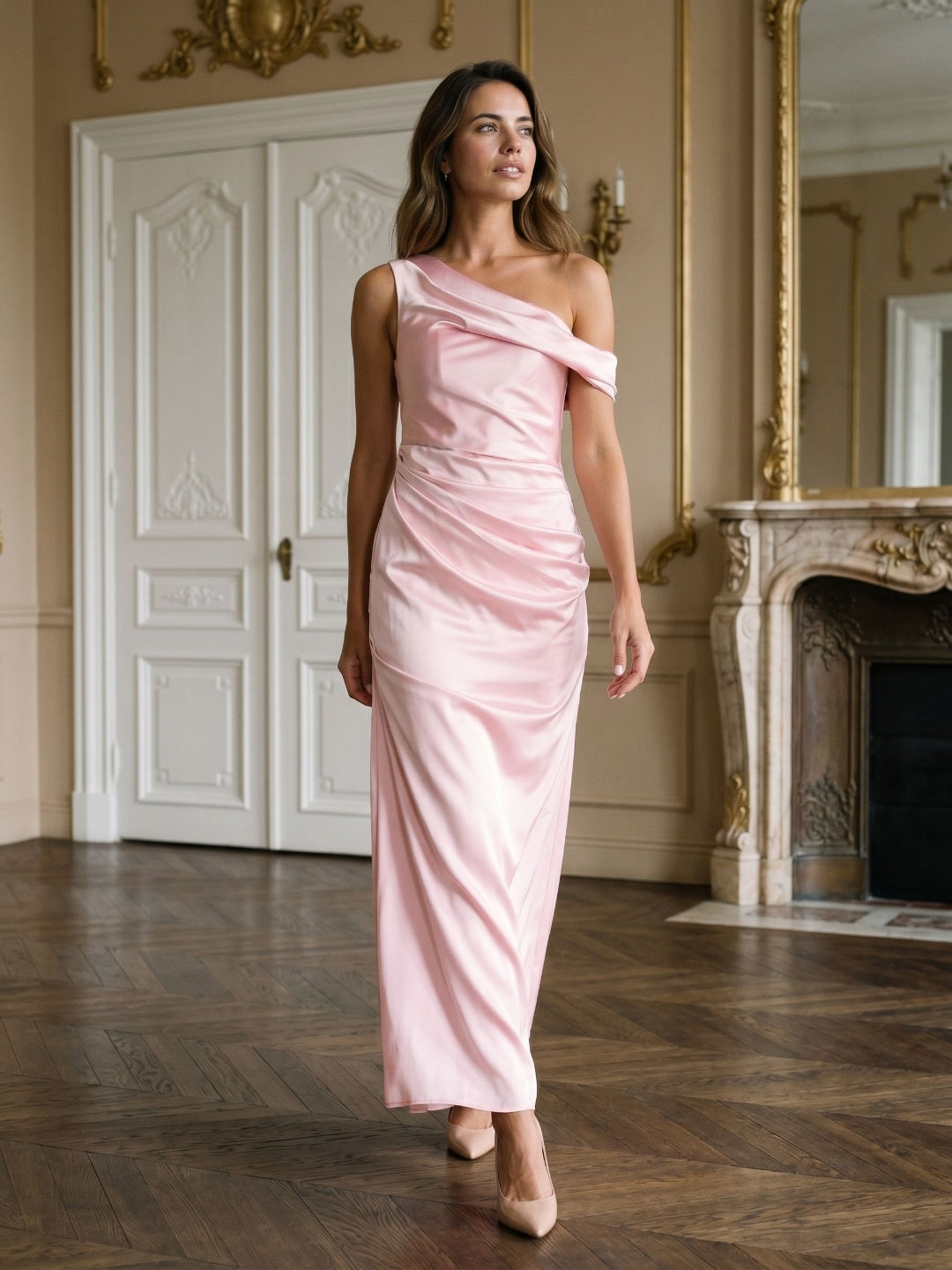 Petal Satin Sheath One Shoulder Backless Floor-Length Formal Dress with Pleating
