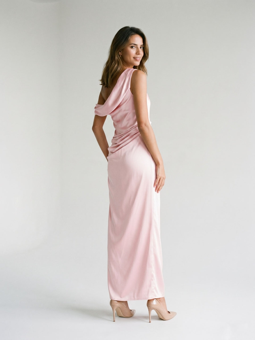 Petal Satin Sheath One Shoulder Backless Floor-Length Formal Dress with Pleating