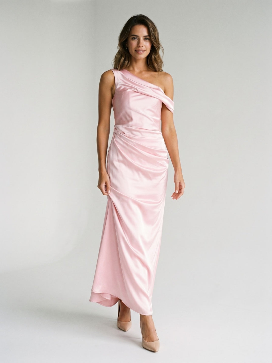 Petal Satin Sheath One Shoulder Backless Floor-Length Formal Dress with Pleating