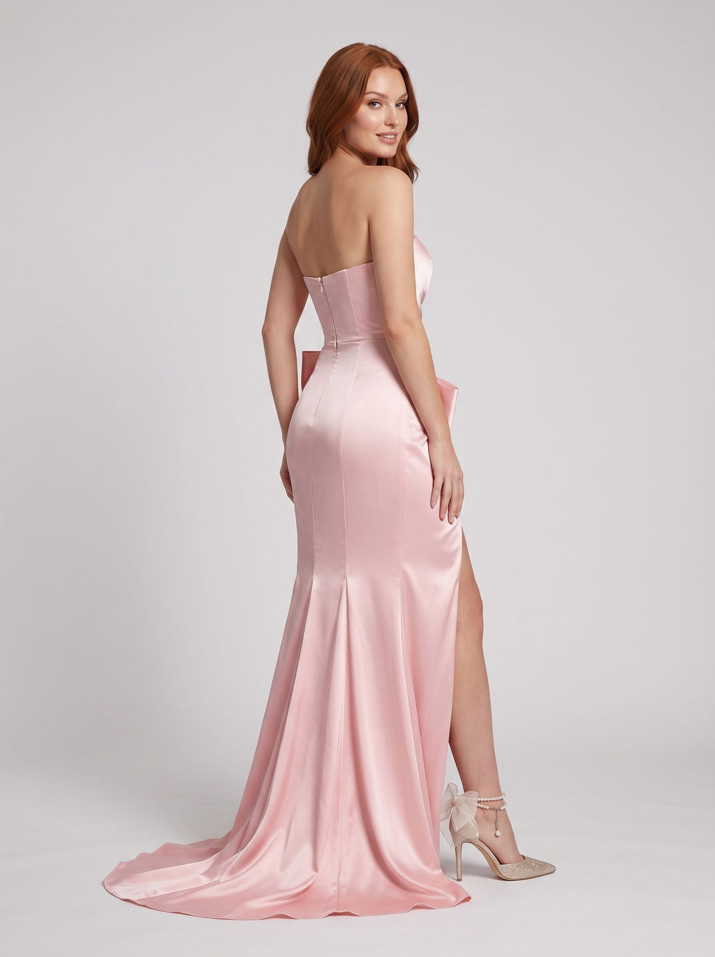 Petal Satin column Straight Neck Back Zip Floor-Length Dress with High Slit