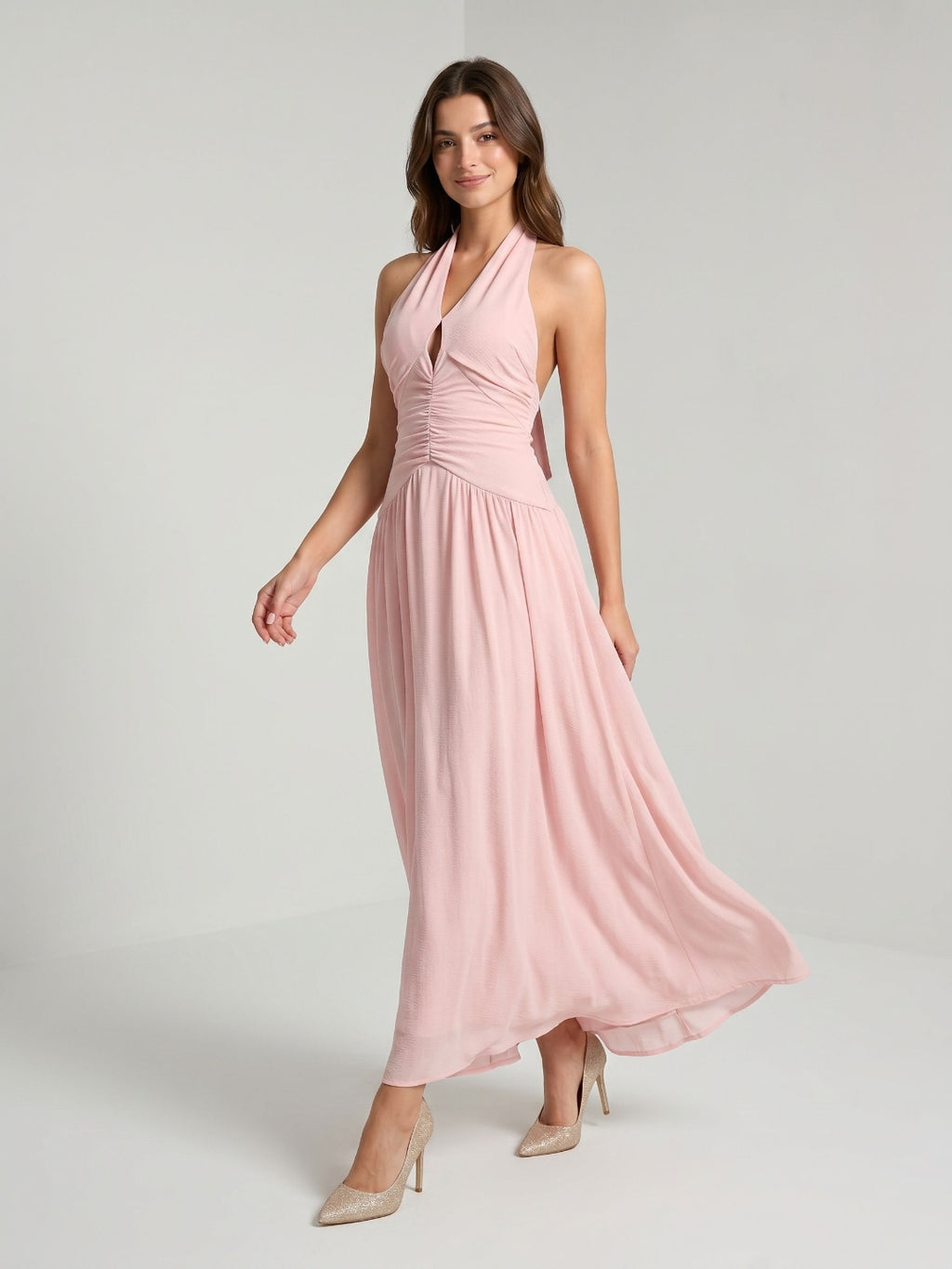 Petal Stretch Knit A-Line Halter Neckline Backless Floor-Length Birthday Dress with Pleating