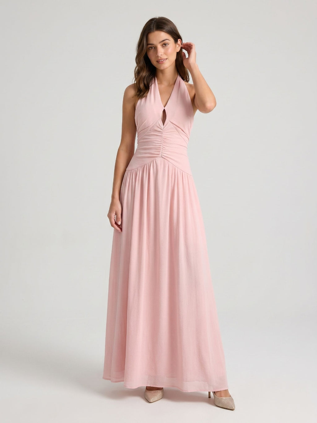 Petal Stretch Knit A-Line Halter Neckline Backless Floor-Length Birthday Dress with Pleating