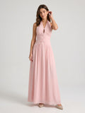 Petal Stretch Knit A-Line Halter Neckline Backless Floor-Length Birthday Dress with Pleating