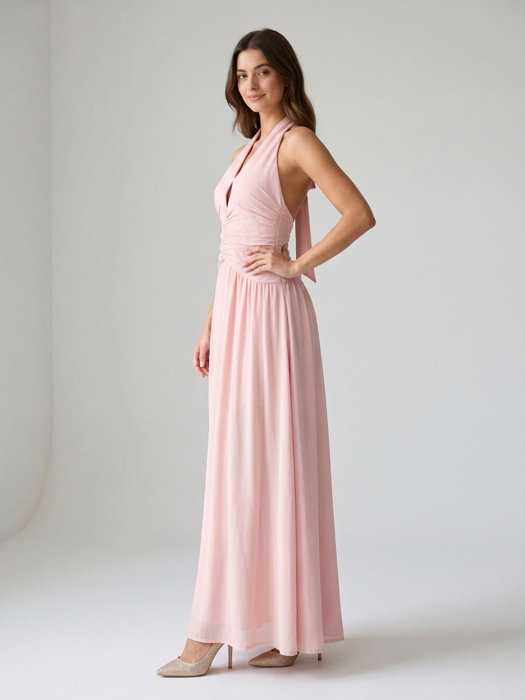 Petal Stretch Knit A-Line Halter Neckline Backless Floor-Length Birthday Dress with Pleating