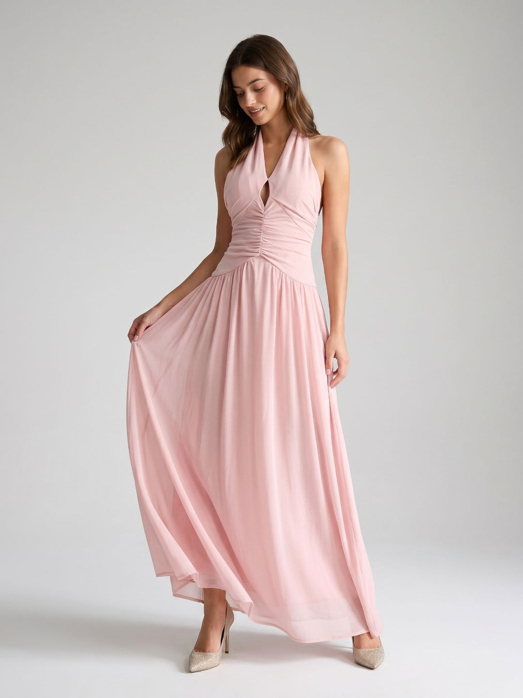 Petal Stretch Knit A-Line Halter Neckline Backless Floor-Length Birthday Dress with Pleating