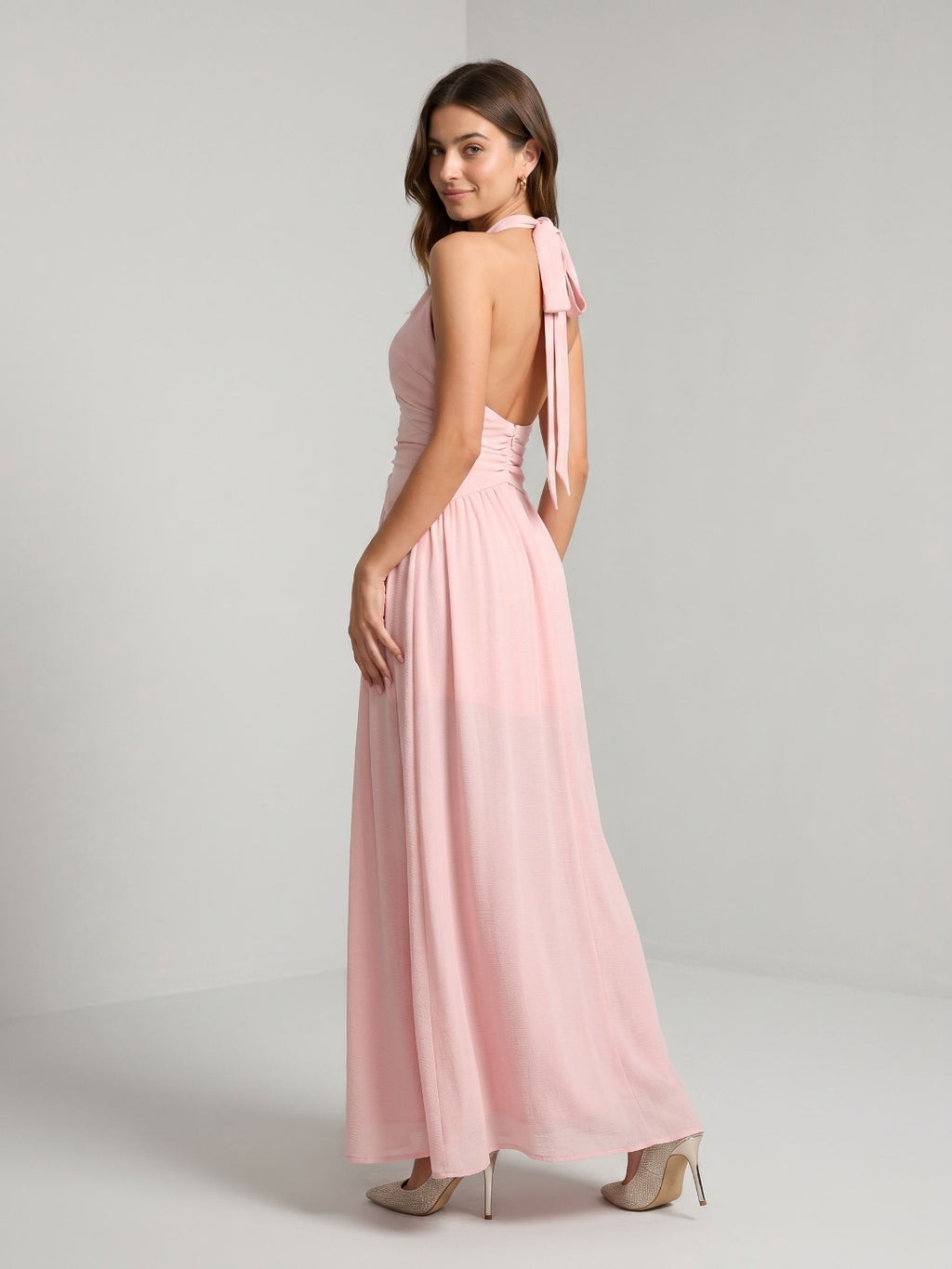Petal Stretch Knit A-Line Halter Neckline Backless Floor-Length Birthday Dress with Pleating