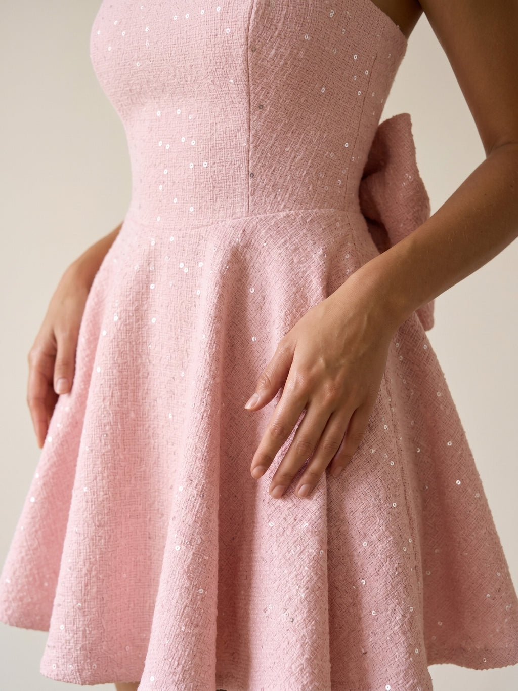 Petal Stretch Knit A-Line Square Neck Back Zip Short Homecoming Dress with Bow