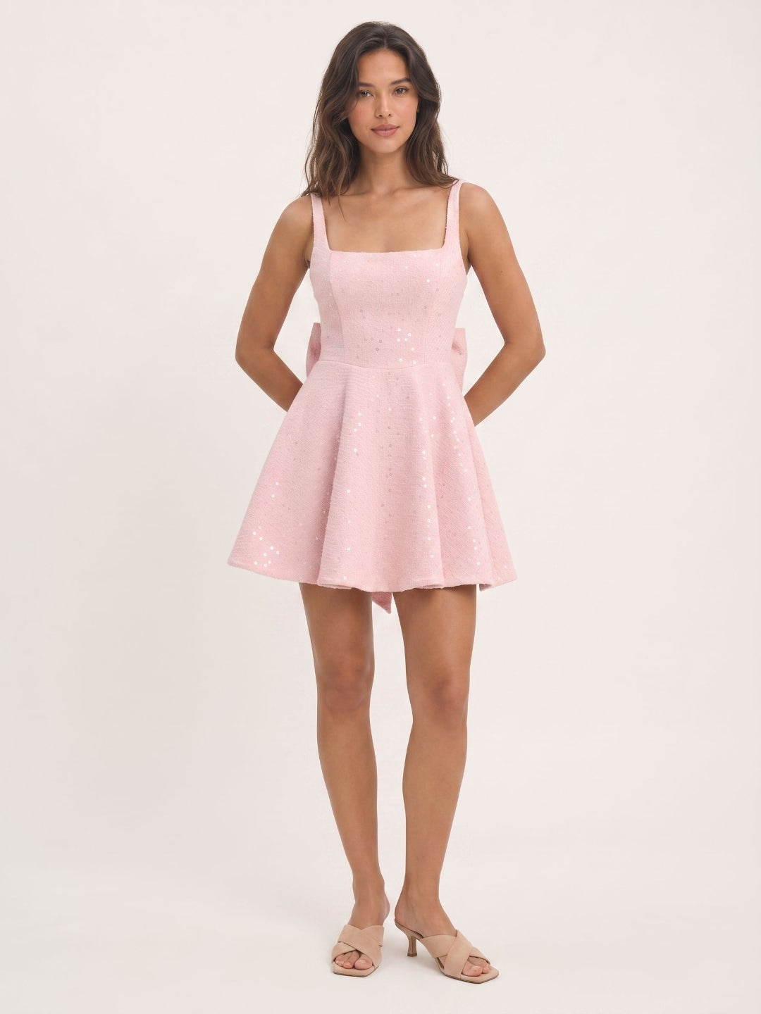 Petal Stretch Knit A-Line Square Neck Back Zip Short Homecoming Dress with Bow