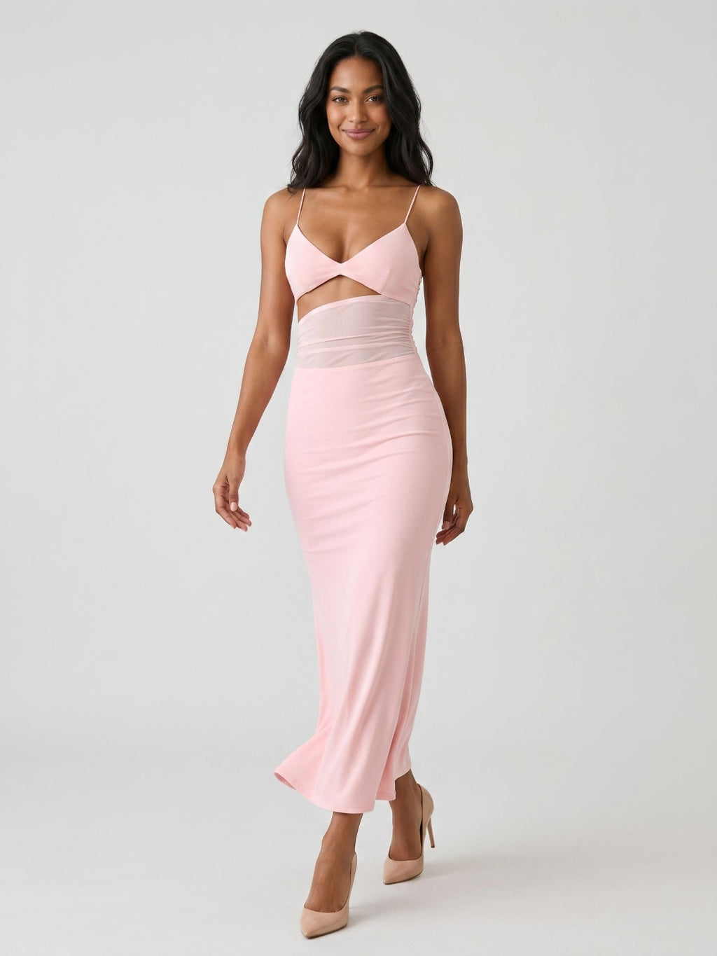 Petal Stretch Knit Mermaid V-Neck Backless Tea-Length Evening Dress