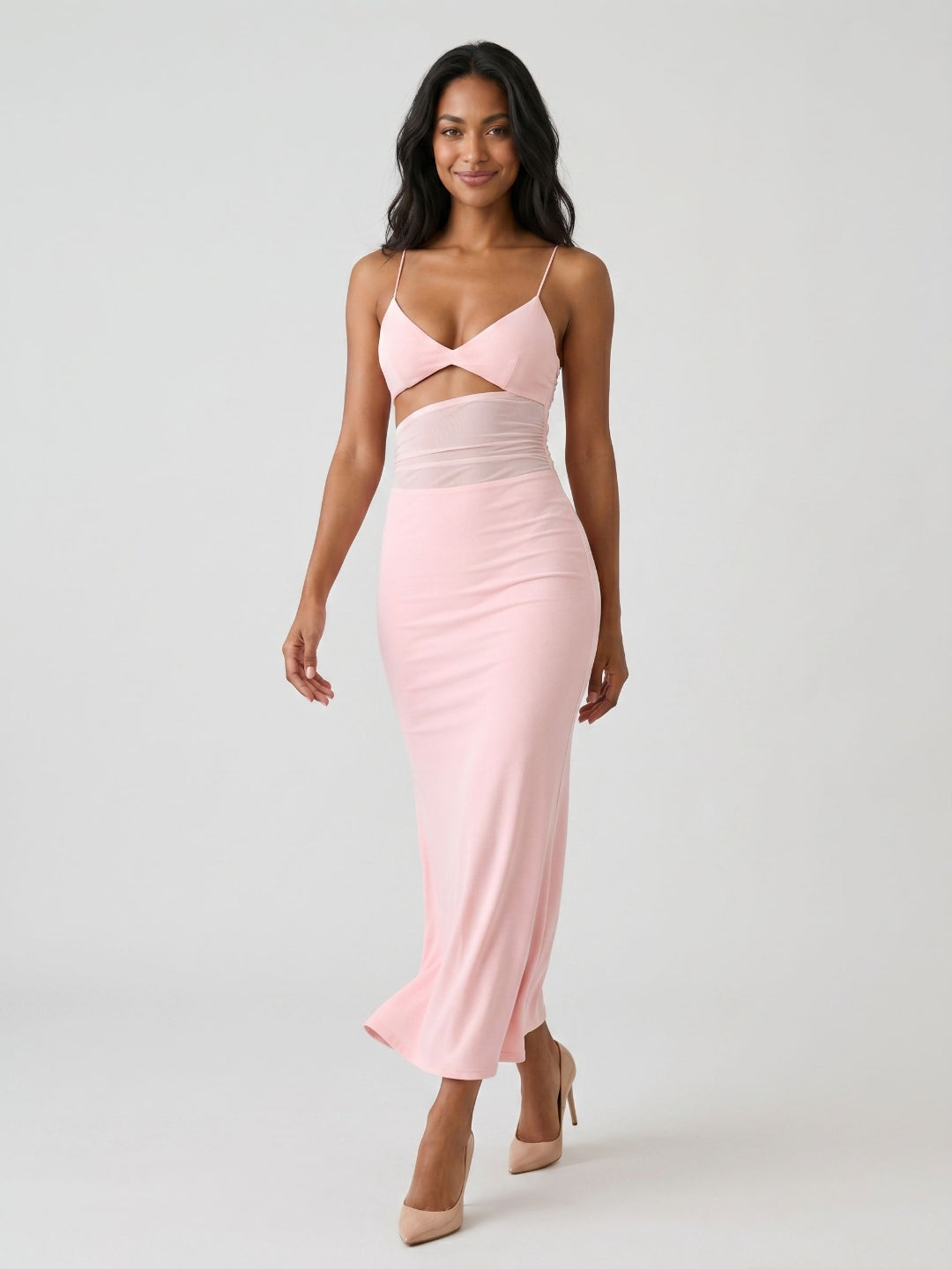 Petal Stretch Knit Mermaid V-Neck Backless Tea-Length Evening Dress