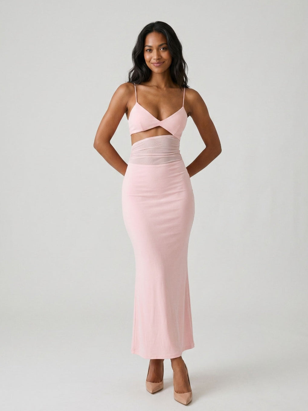 Petal Stretch Knit Mermaid V-Neck Backless Tea-Length Evening Dress