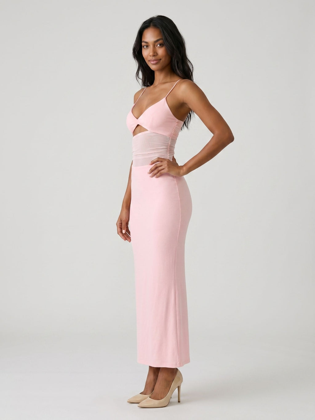 Petal Stretch Knit Mermaid V-Neck Backless Tea-Length Evening Dress