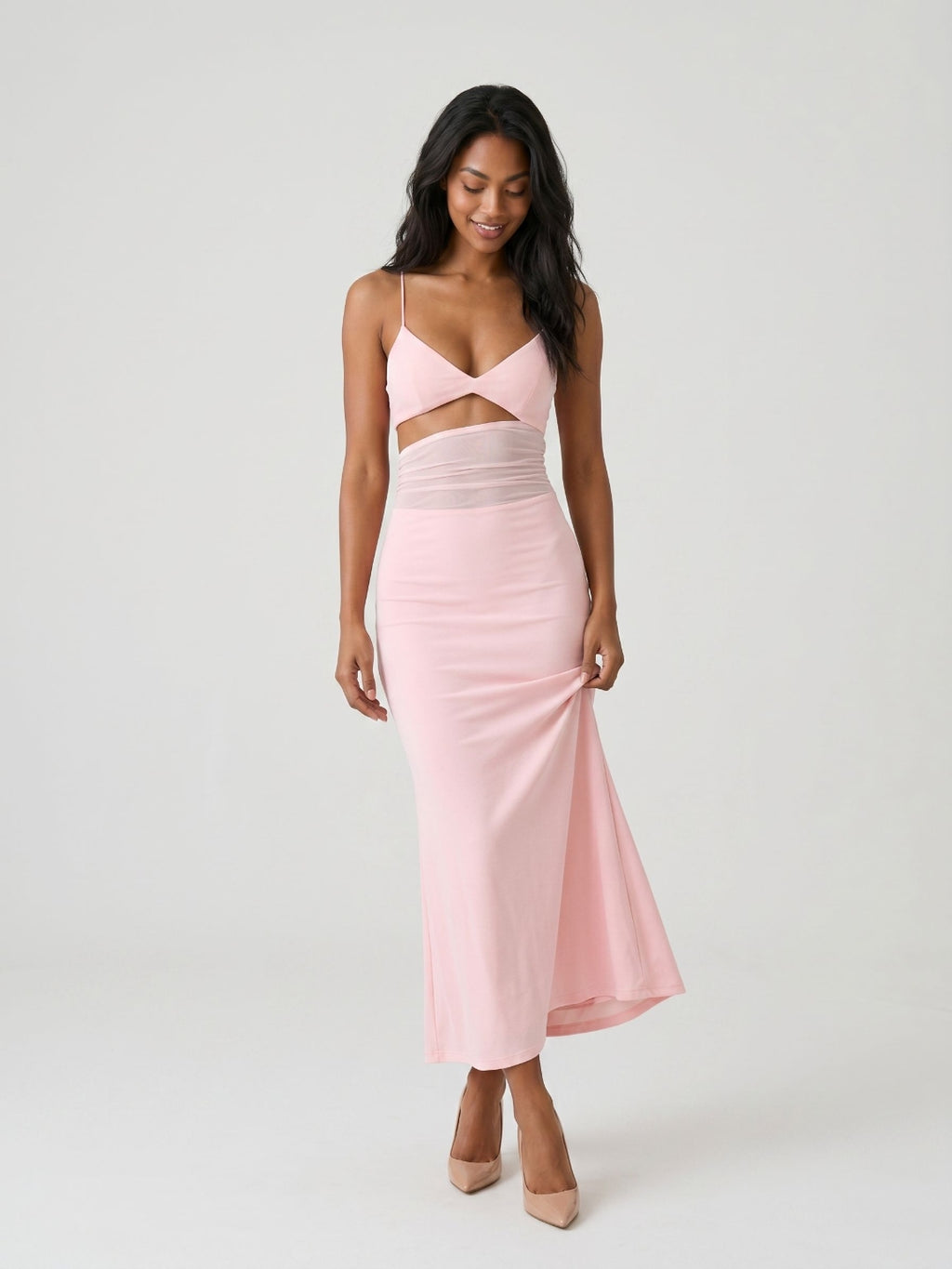 Petal Stretch Knit Mermaid V-Neck Backless Tea-Length Evening Dress
