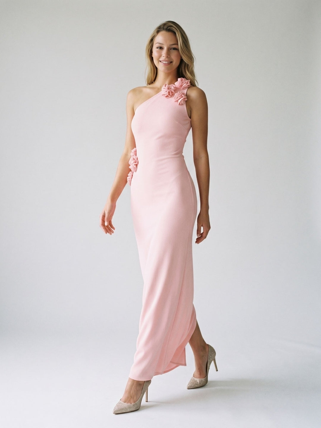 Petal Stretch Knit Trumpet One Shoulder Side Zip Floor-Length Birthday Dress